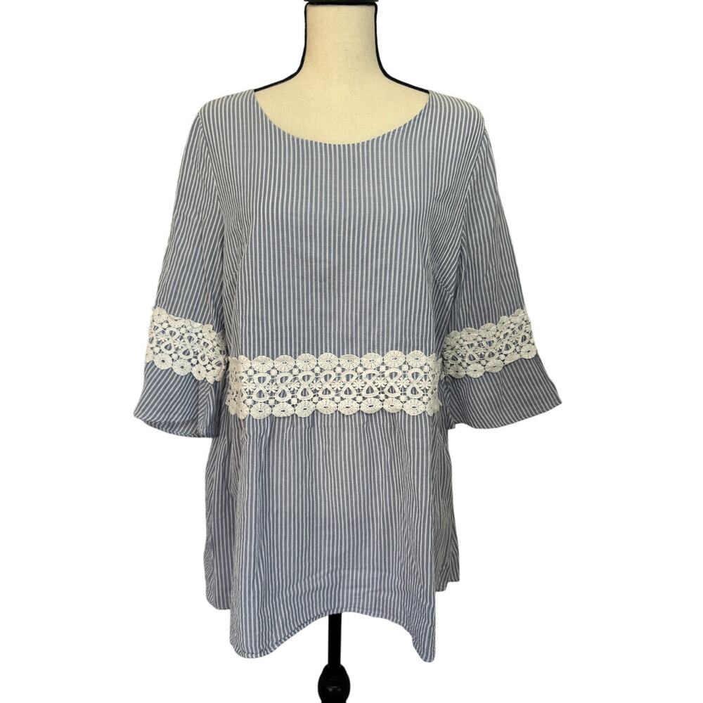 Monroe & Main‎ Tops Women's XL Cotton Stripes Blue/White Short Sleeve Bouse Lace